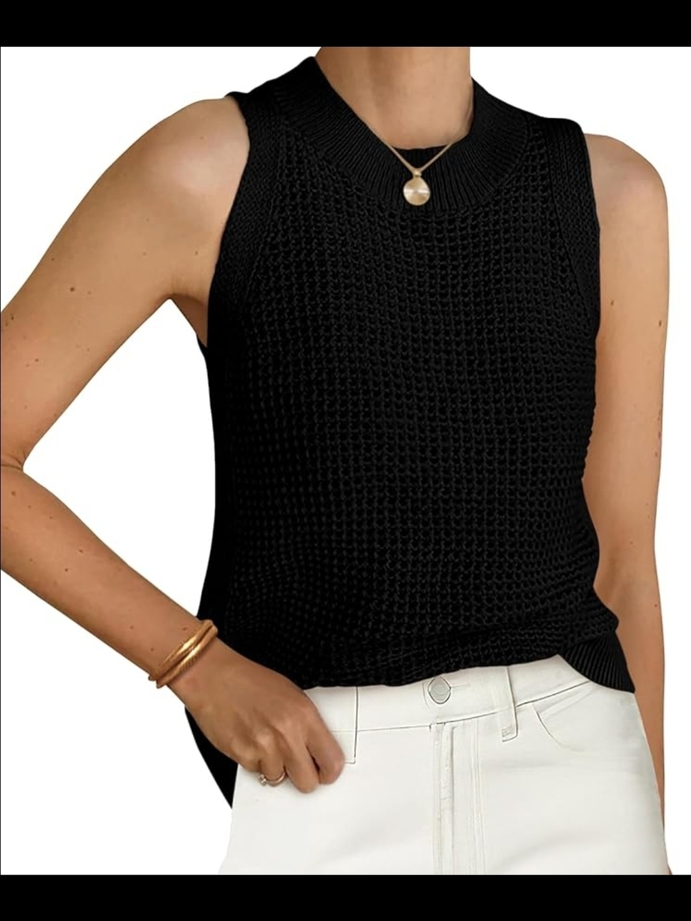 PrettyGarden Black Sleeveless Mock Neck Knit Top Mesh Detail XXL Minimalist